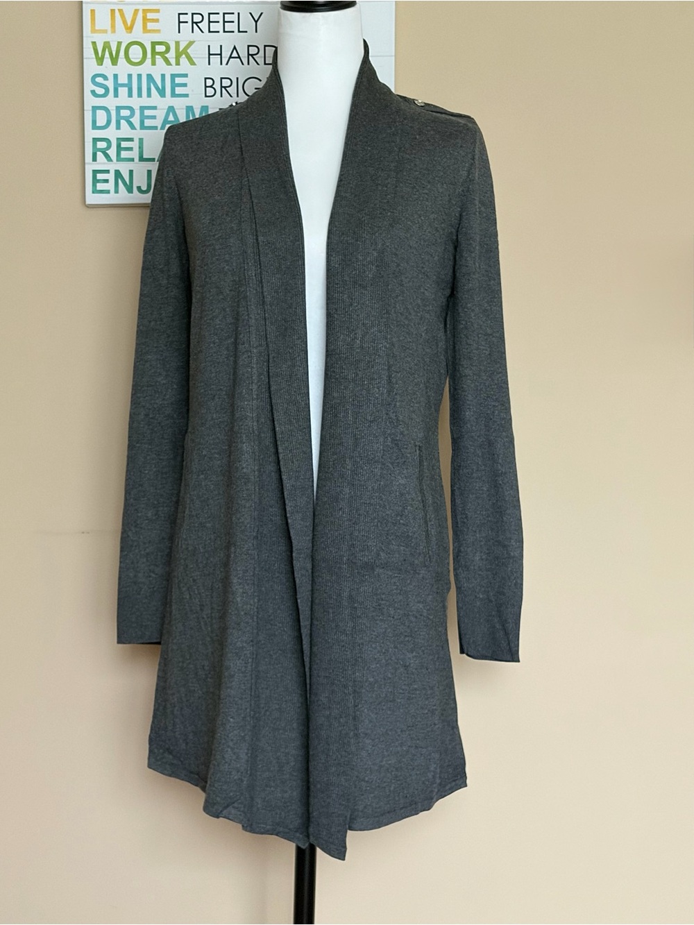 White House Black Market Charcoal Gray Open-Front Longline Cardigan